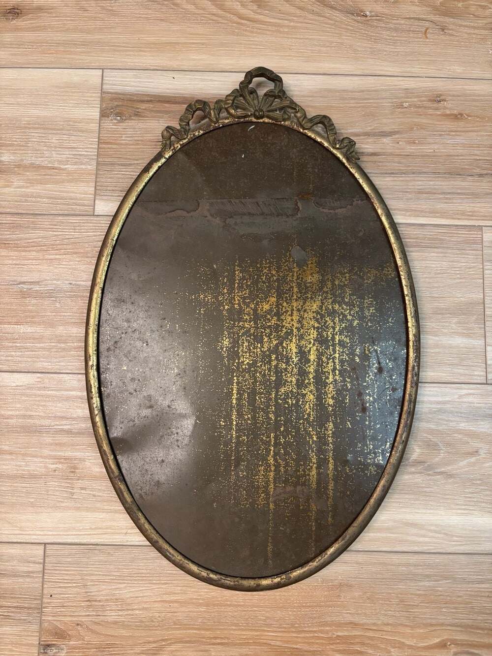 Antique World War I Ornate Gold Tone Oval Wall Mirror Ribbon Brass